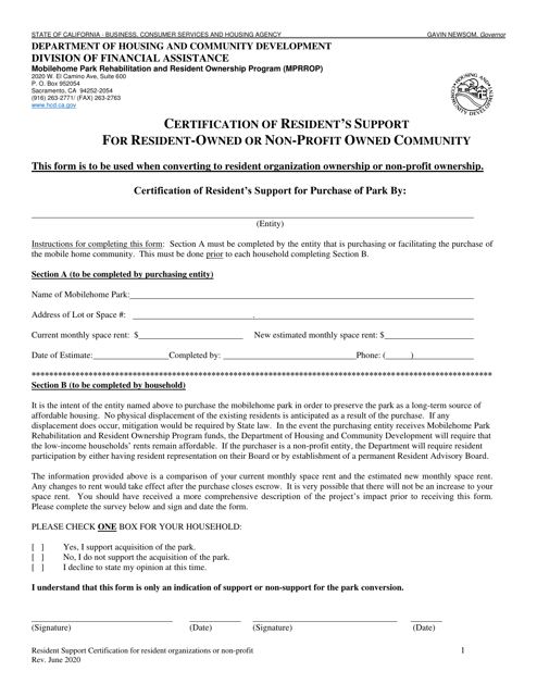 Certification of Resident's Support for Resident-Owned or Non-profit Owned Community - California Download Pdf