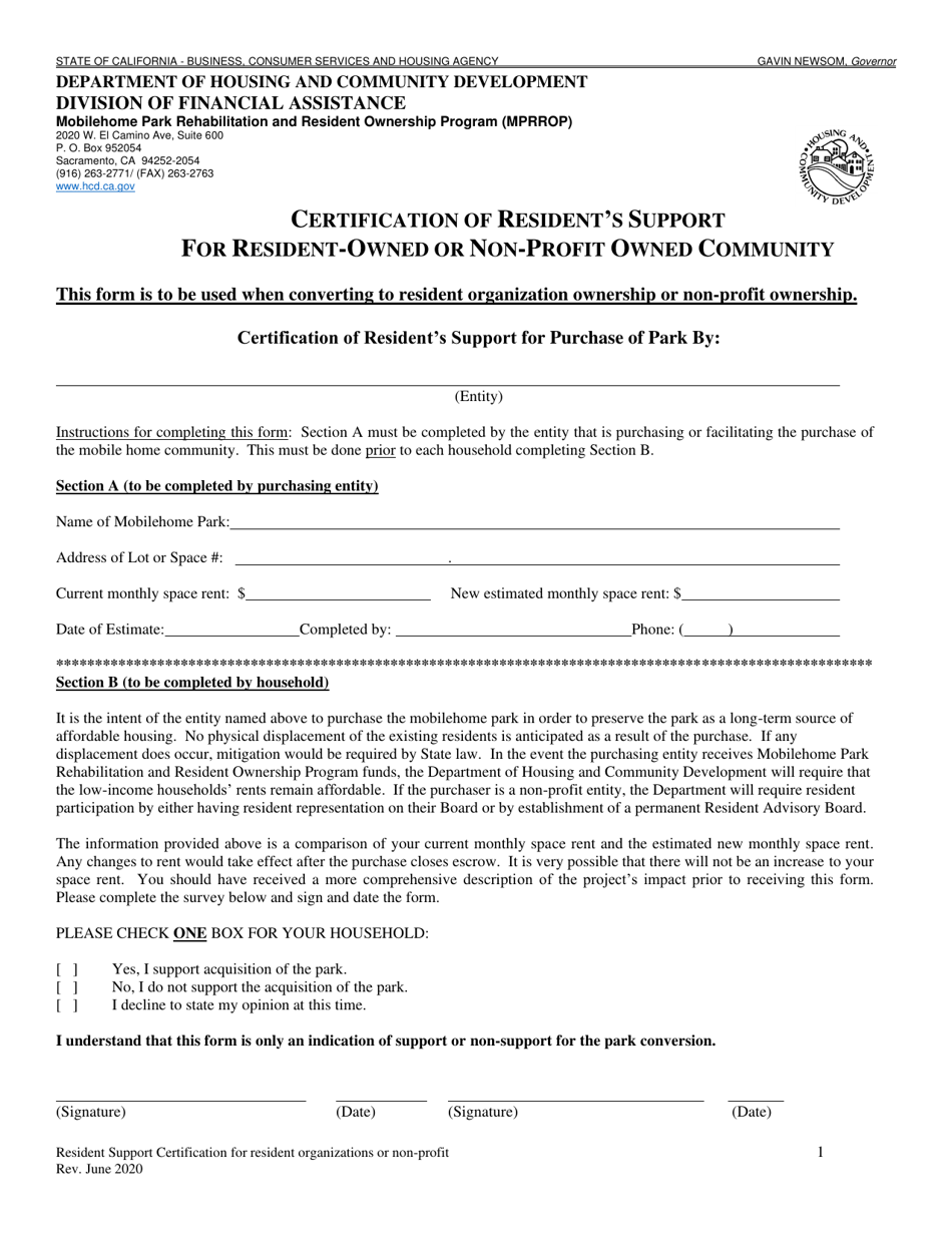 Certification of Residents Support for Resident-Owned or Non-profit Owned Community - California, Page 1