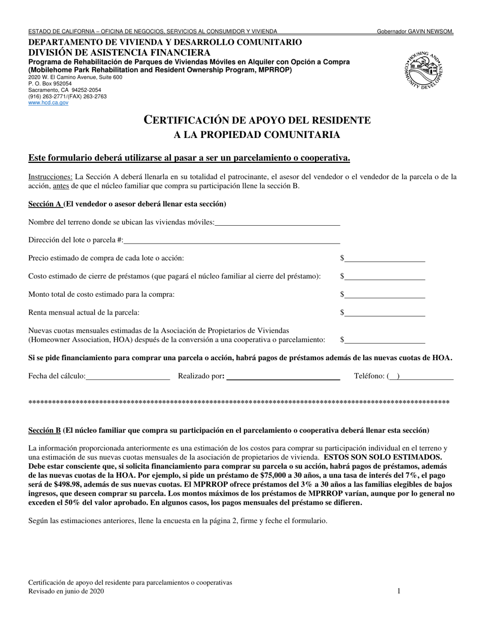Certificacion De Apoyo Del Residente a La Propiedad Comunitaria - California (Spanish), Page 1