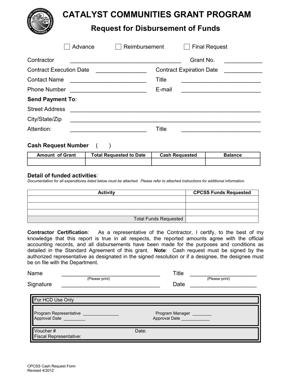 California Request for Disbursement of Funds Catalyst Communities