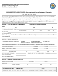 Document preview: Form HCD MAC420 Request for Assistance - Manufactured Home Sales and Warranty - California