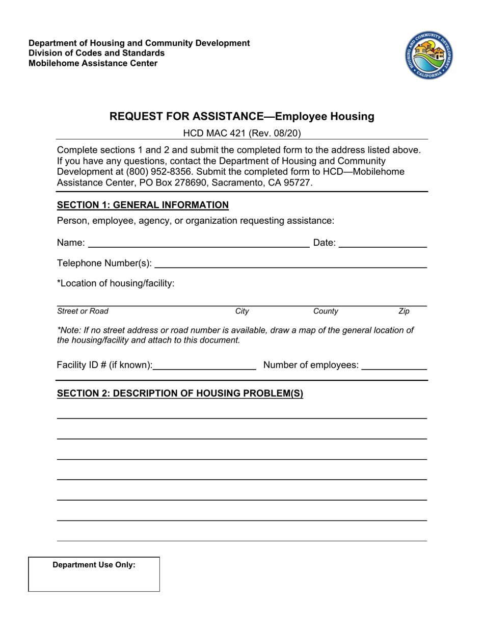 Form HCD MAC421 Request for Assistance - Employee Housing - California, Page 1