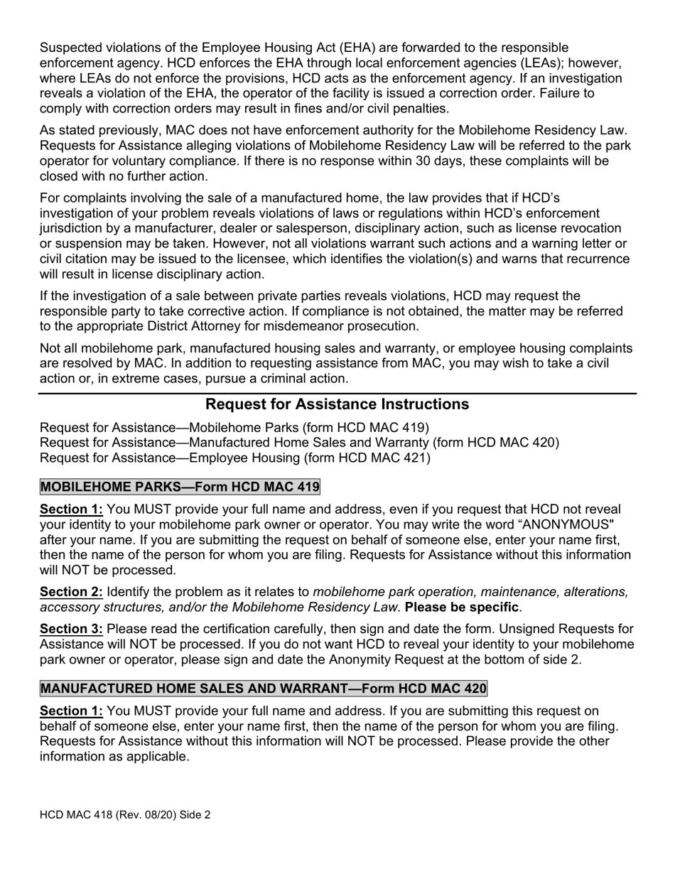 Instructions for Form HCD MAC419, HCD MAC420, HCD MAC421 - California, Page 2