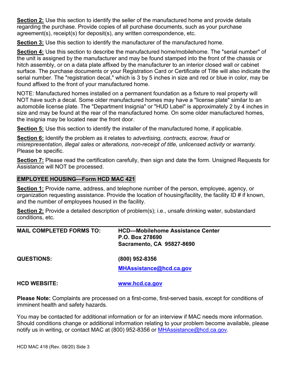 Instructions for Form HCD MAC419, HCD MAC420, HCD MAC421 - California, Page 3