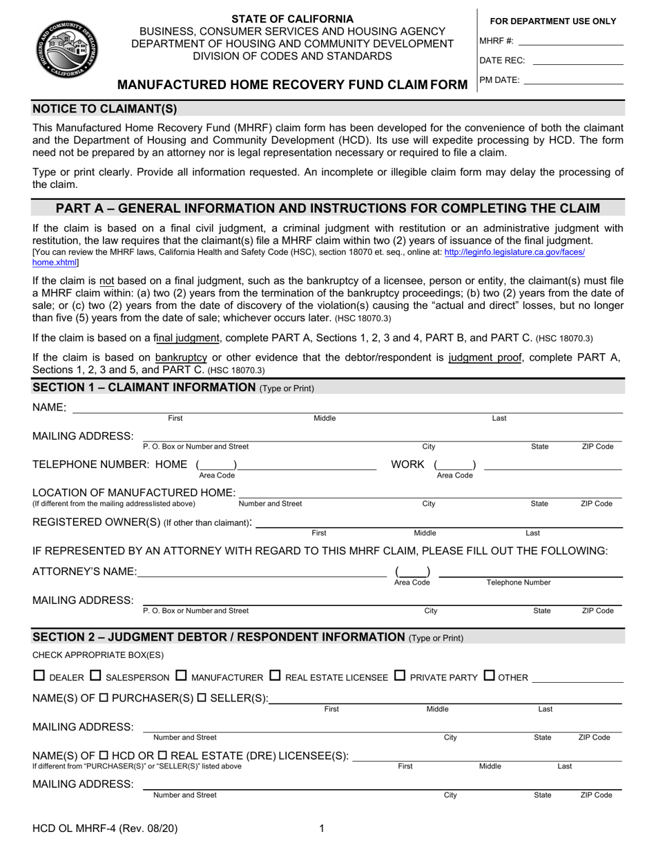 Form HCD OL MHRF-4 Manufactured Home Recovery Fund Claim Form - California, Page 1
