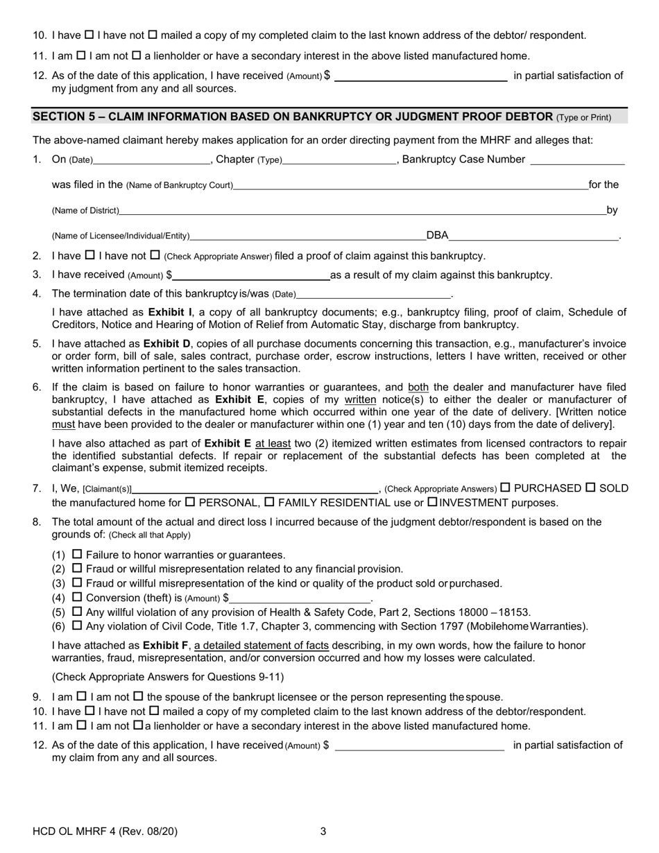 Form HCD OL MHRF-4 Download Printable PDF or Fill Online Manufactured ...