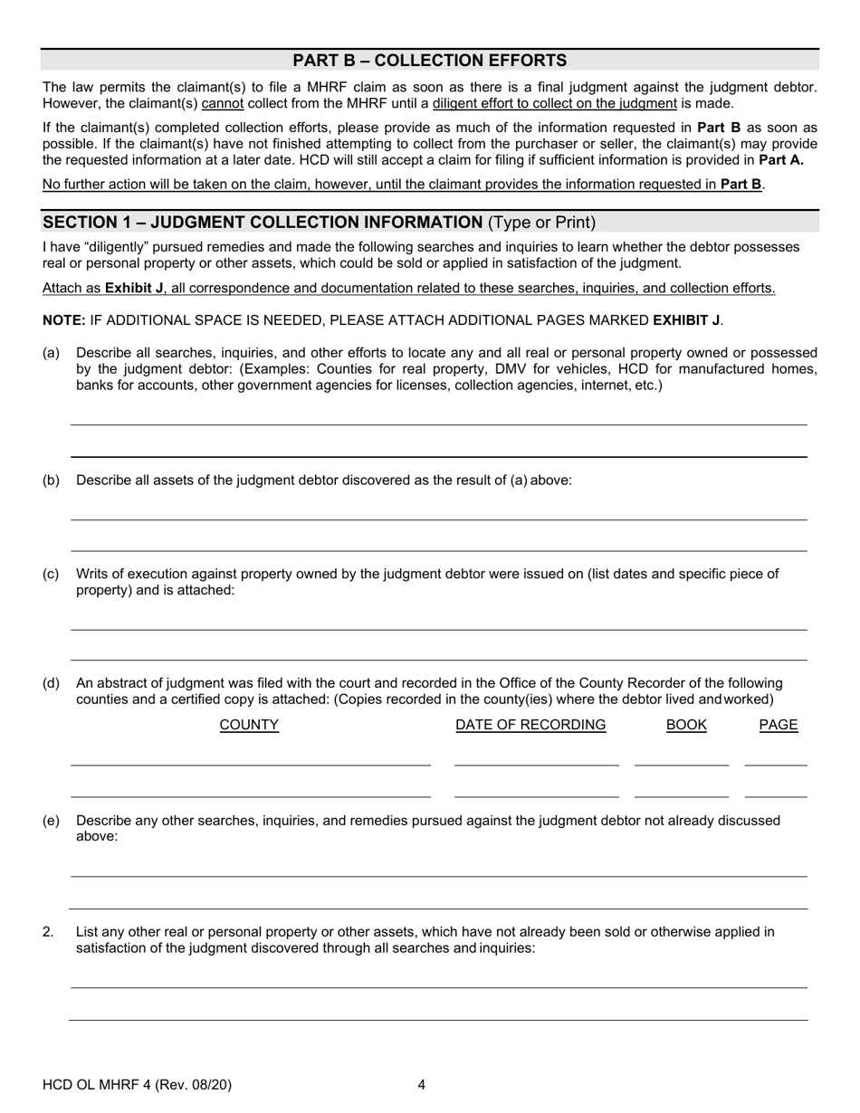Form HCD OL MHRF-4 Manufactured Home Recovery Fund Claim Form - California, Page 4