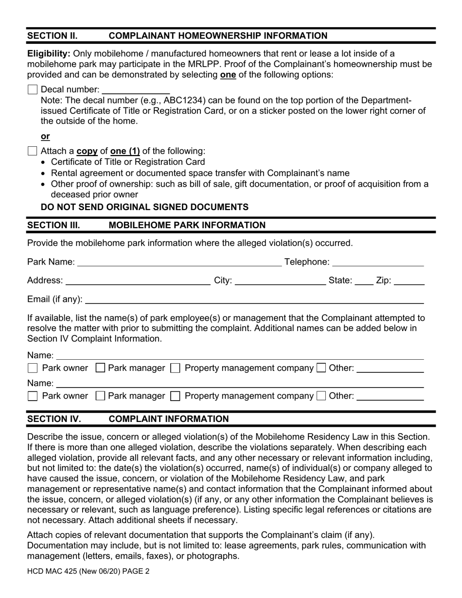 Form HCD MAC425 Request for Assistance / Complaint - Mobilehome Residency Law Protection Program - California, Page 2