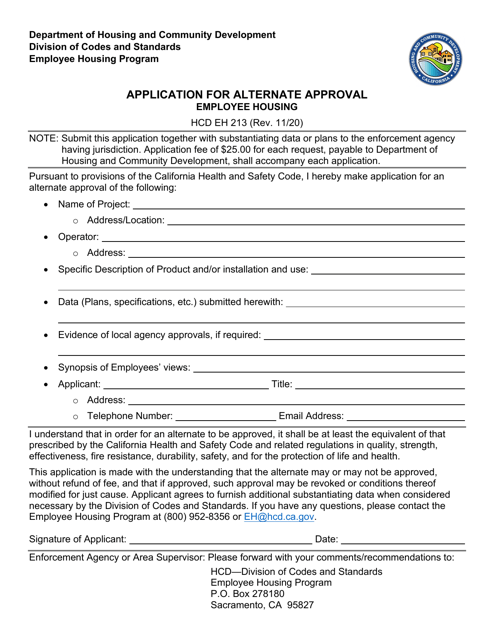 Form HCD EH213 Application for Alternate Approval - Employee Housing - California