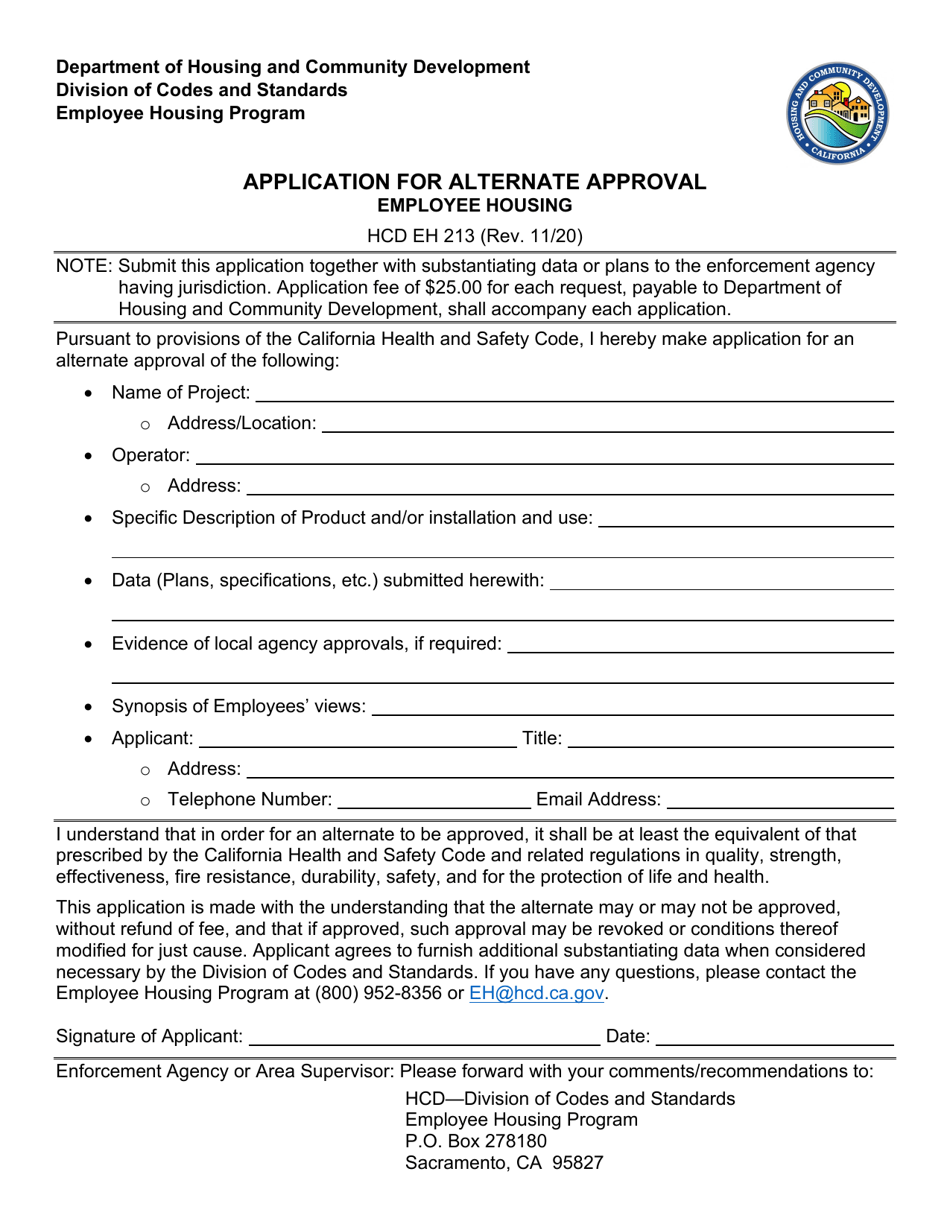 Form HCD EH213 Application for Alternate Approval - Employee Housing - California, Page 1