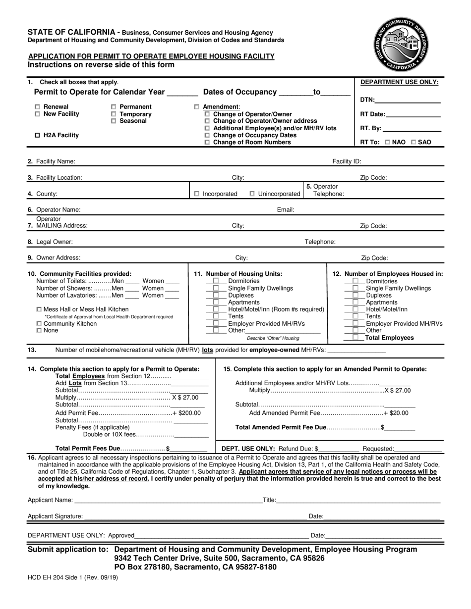 Form HCD EH204 Application for Permit to Operate Employee Housing Facility - California, Page 1
