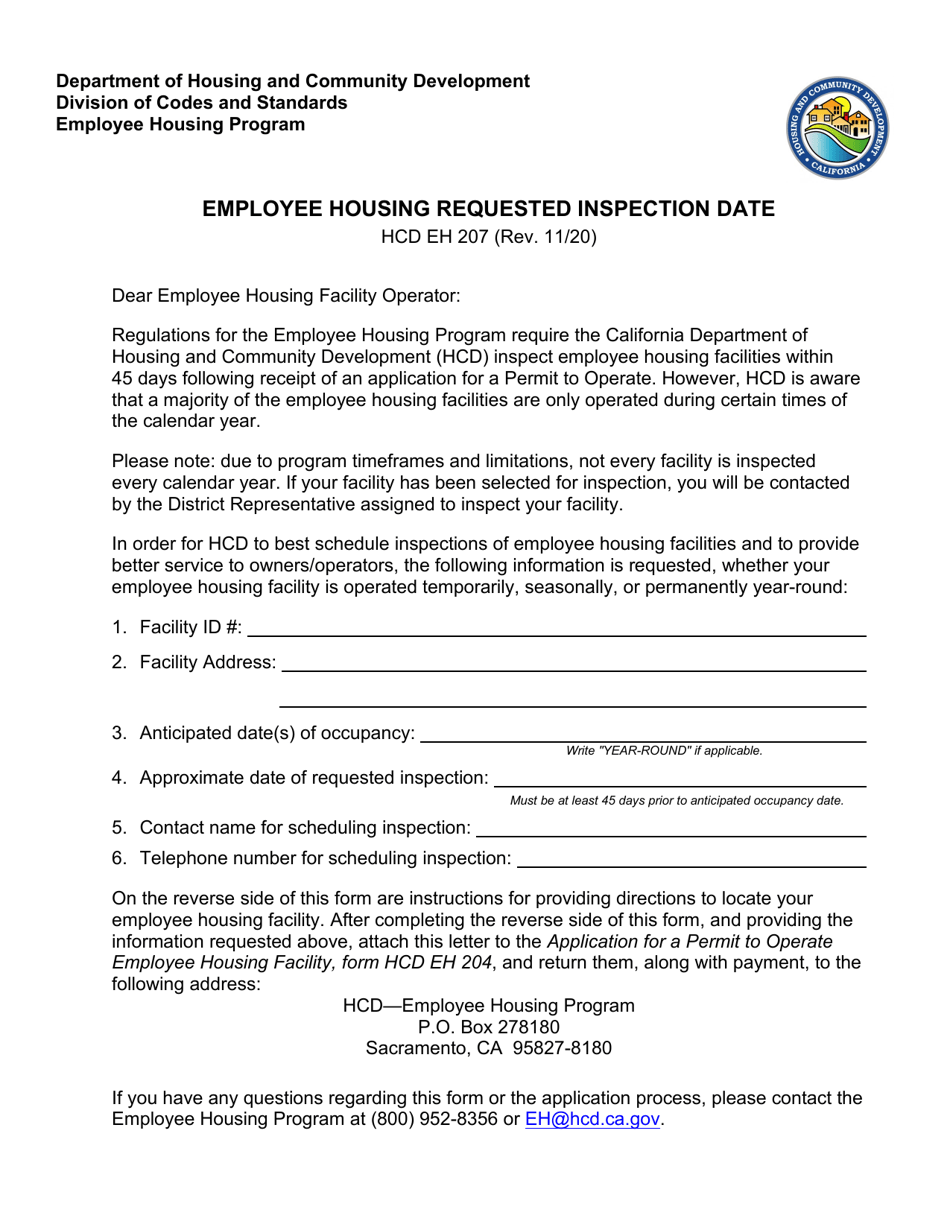 Form HCD EH207 Employee Housing Requested Inspection Date - California, Page 1