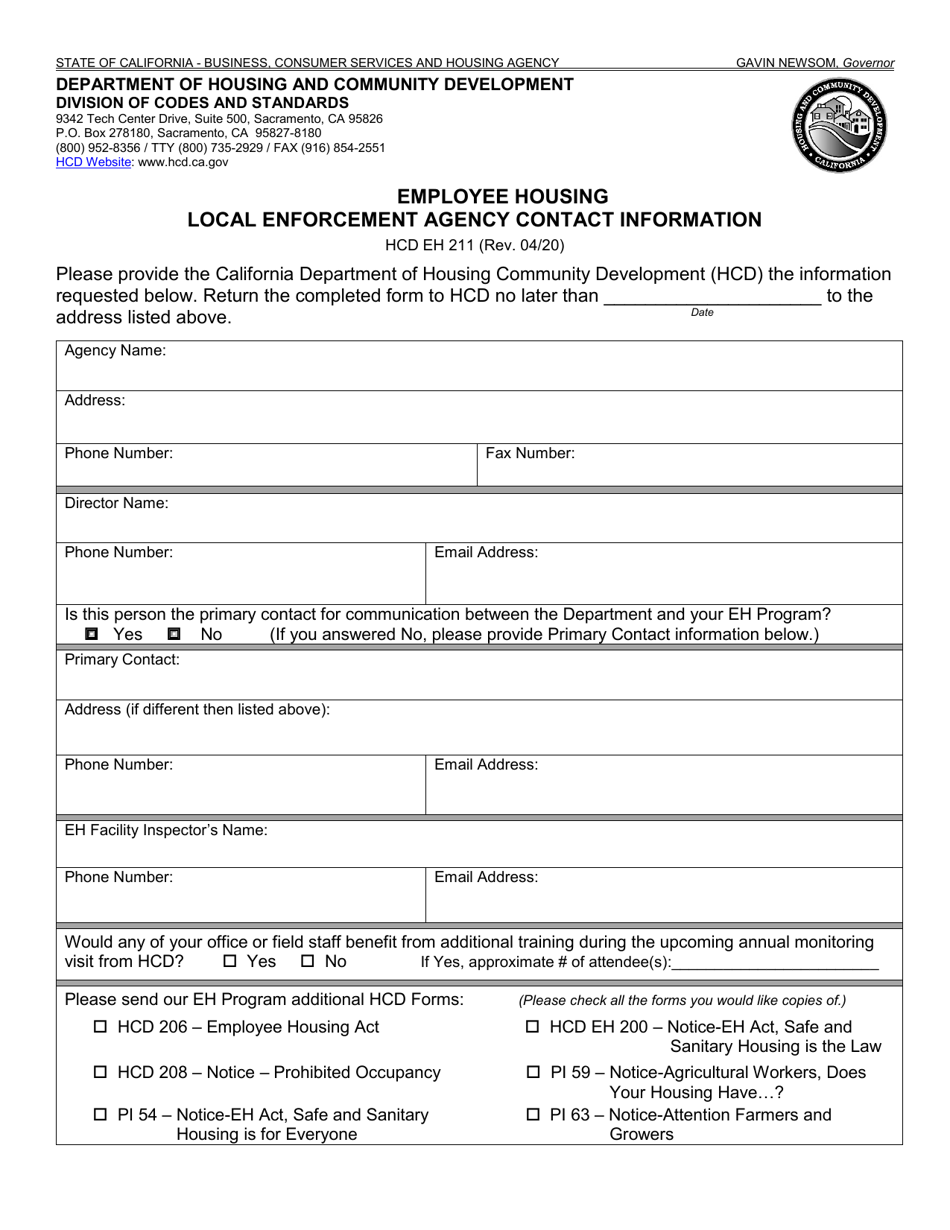Form HCD EH211 Employee Housing Local Enforcement Agency Contact Information - California, Page 1