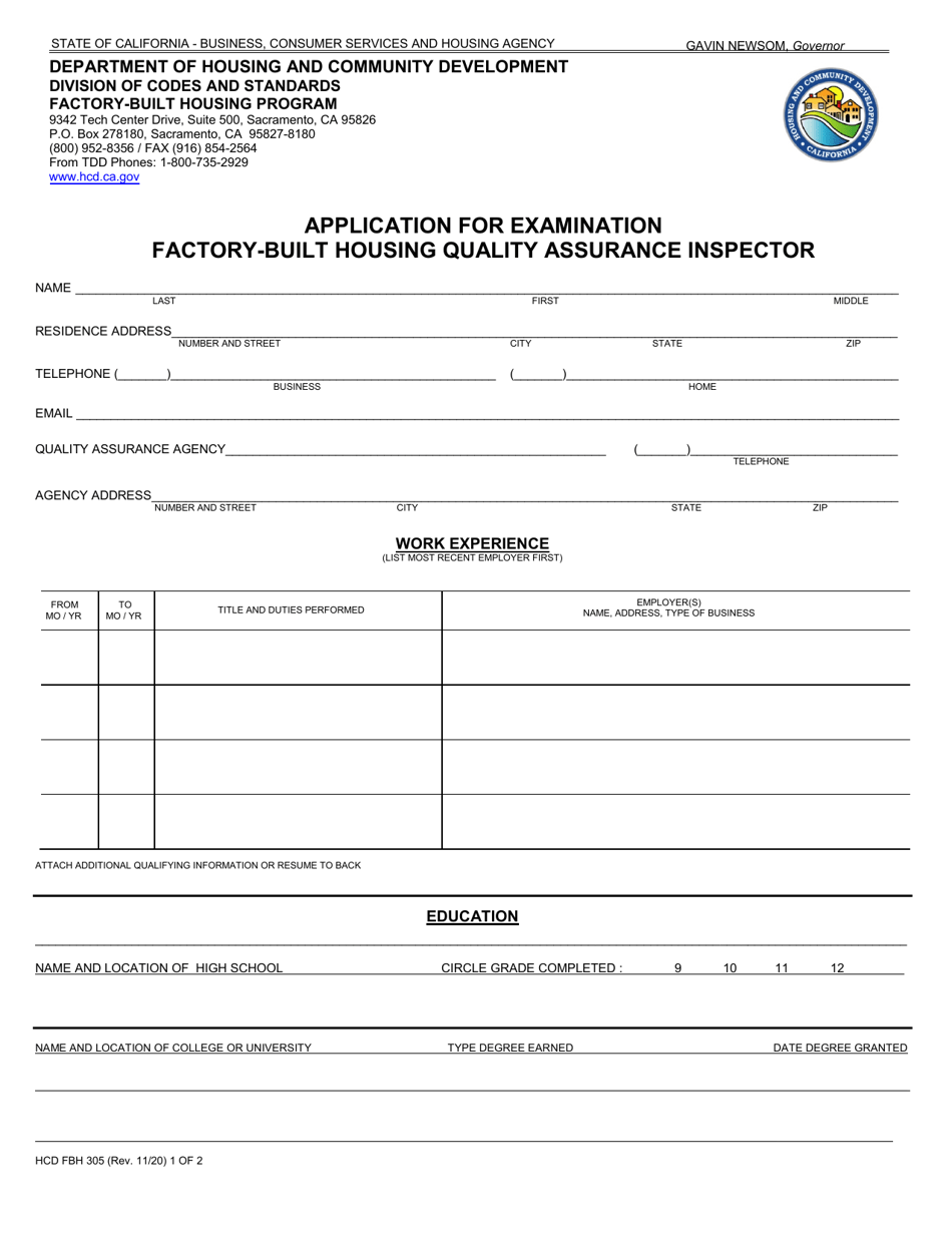 Form HCD FBH305 Application for Examination Factory-Built Housing Quality Assurance Inspector - California, Page 1
