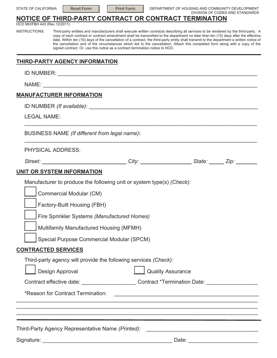 Form HCD MH / FBH443 Notice of Third-Party Contract or Contract Termination - California, Page 1