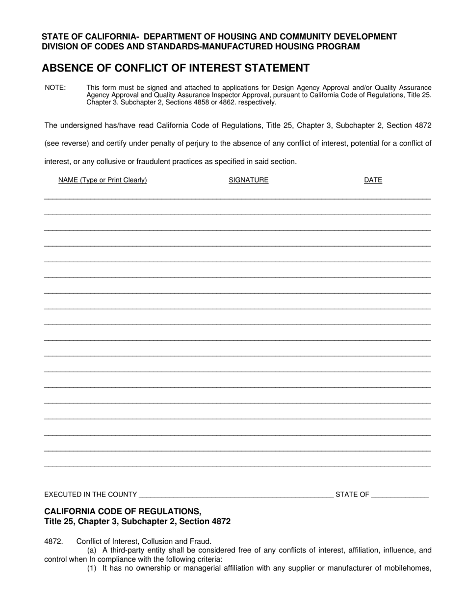 Form HCD-MH471 Absence of Conflict of Interest Statement - California, Page 1