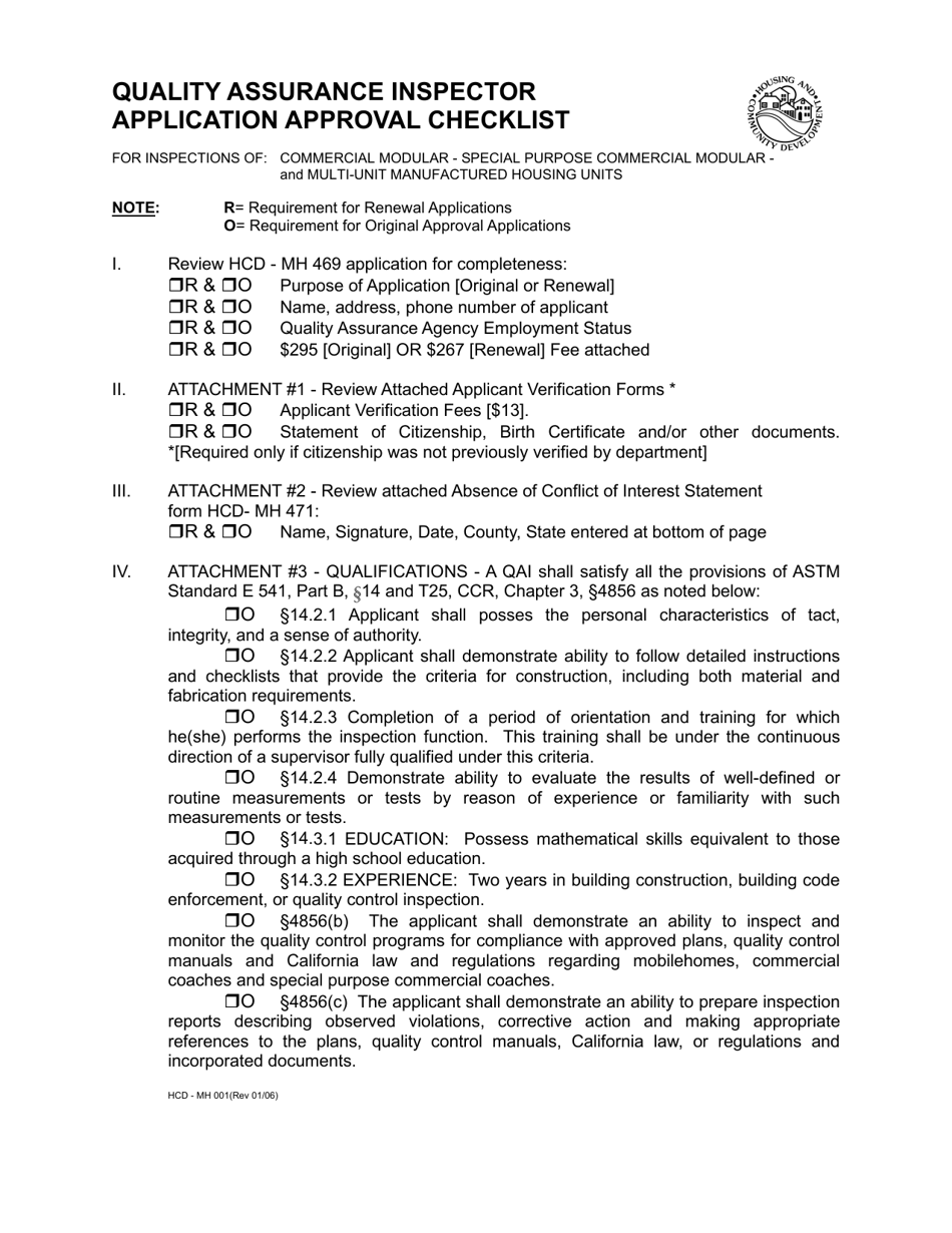 Form HCD-MH001 Quality Assurance Inspector Application Approval Checklist - California, Page 1