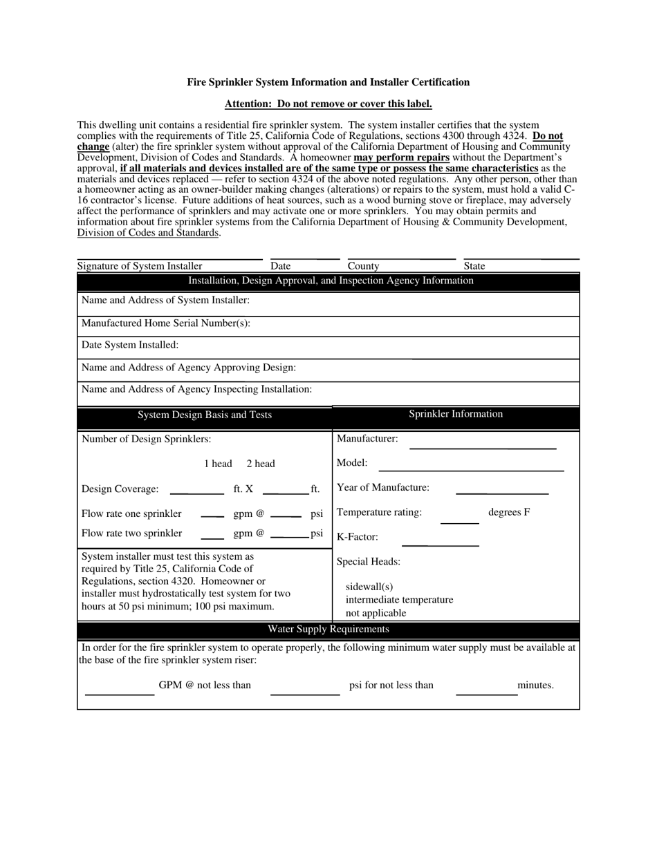Fire Sprinkler System Information and Installer Certification - California, Page 1