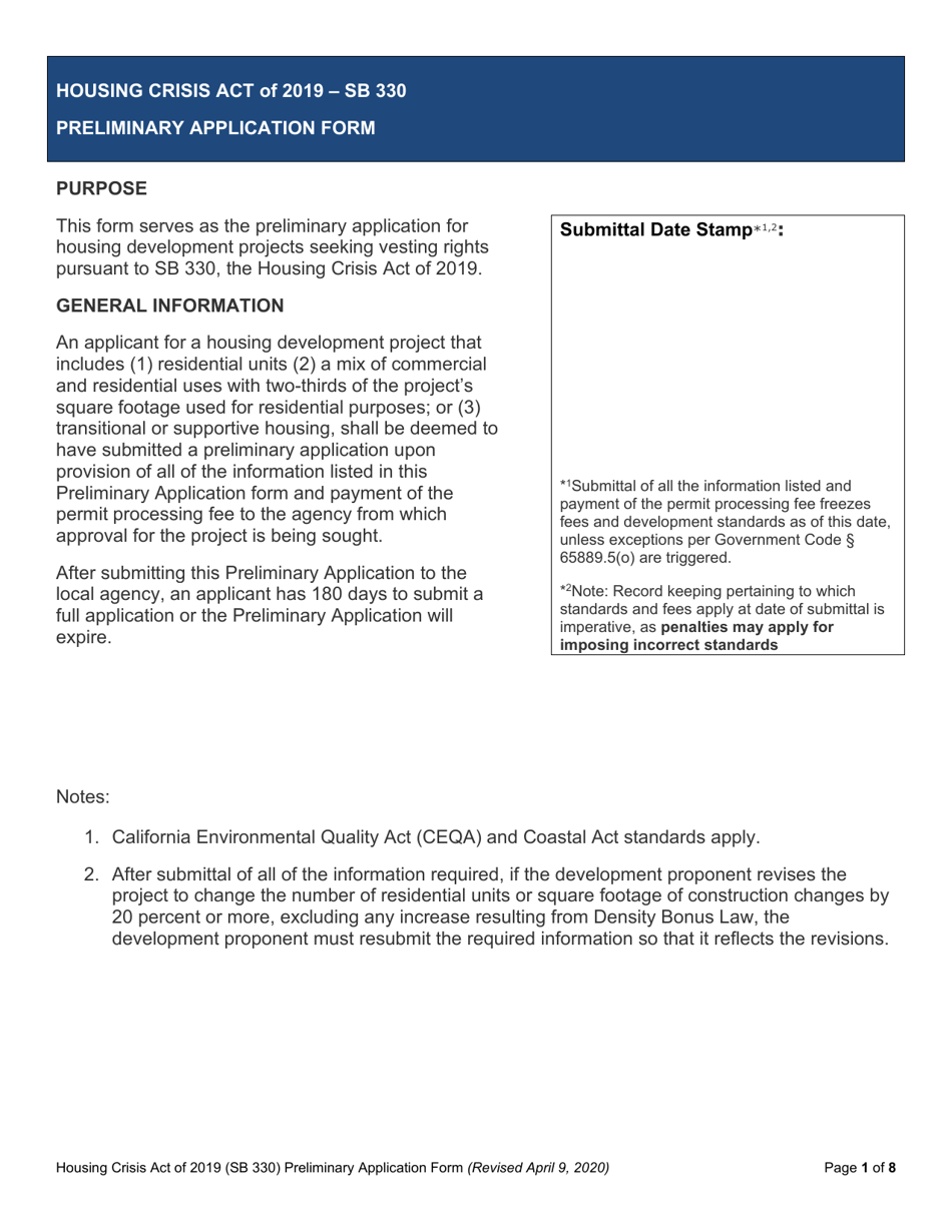 Form SB330 Preliminary Application Form - California, Page 1
