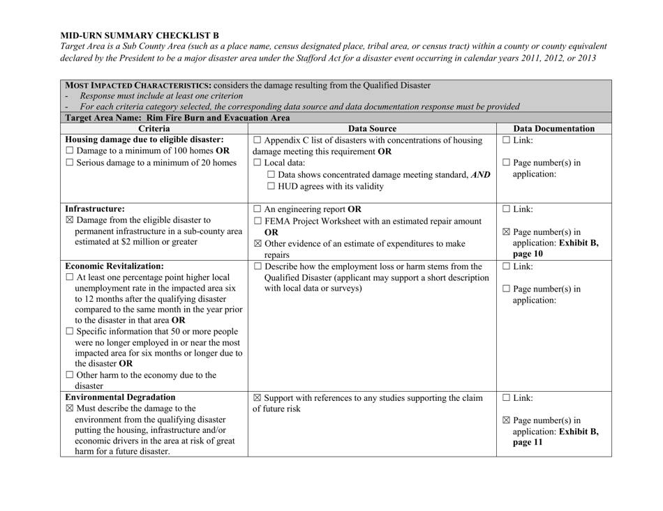 Mid-urn Summary Checklist B - California, Page 1