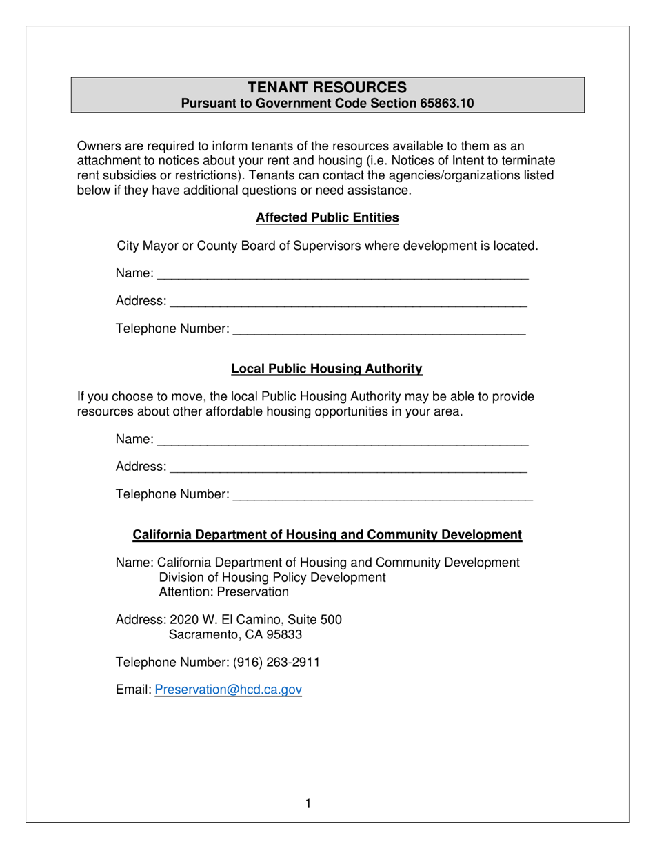 California Tenant Resources Pursuant to Government Code Section 65863.