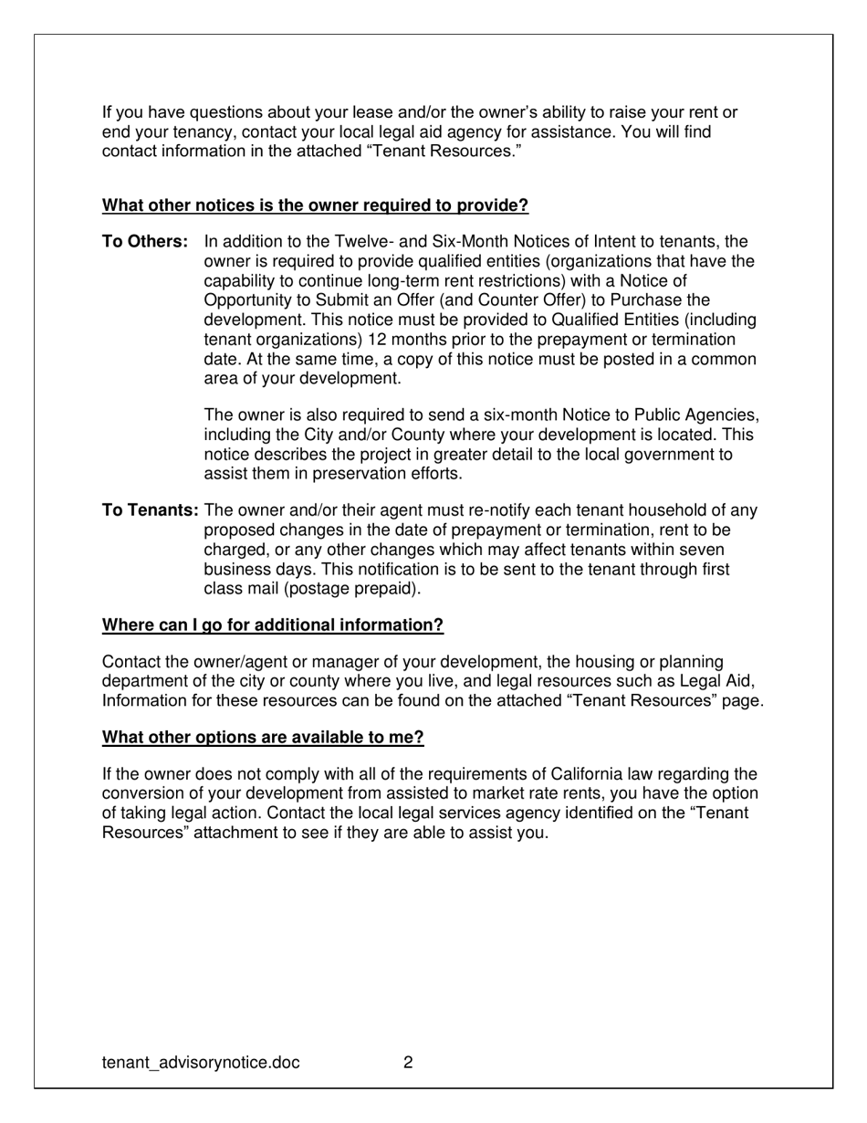 Tenant Advisory and Options Attachment to Notice of Intent Pursuant to Government Code Section 65863.10 - California, Page 2