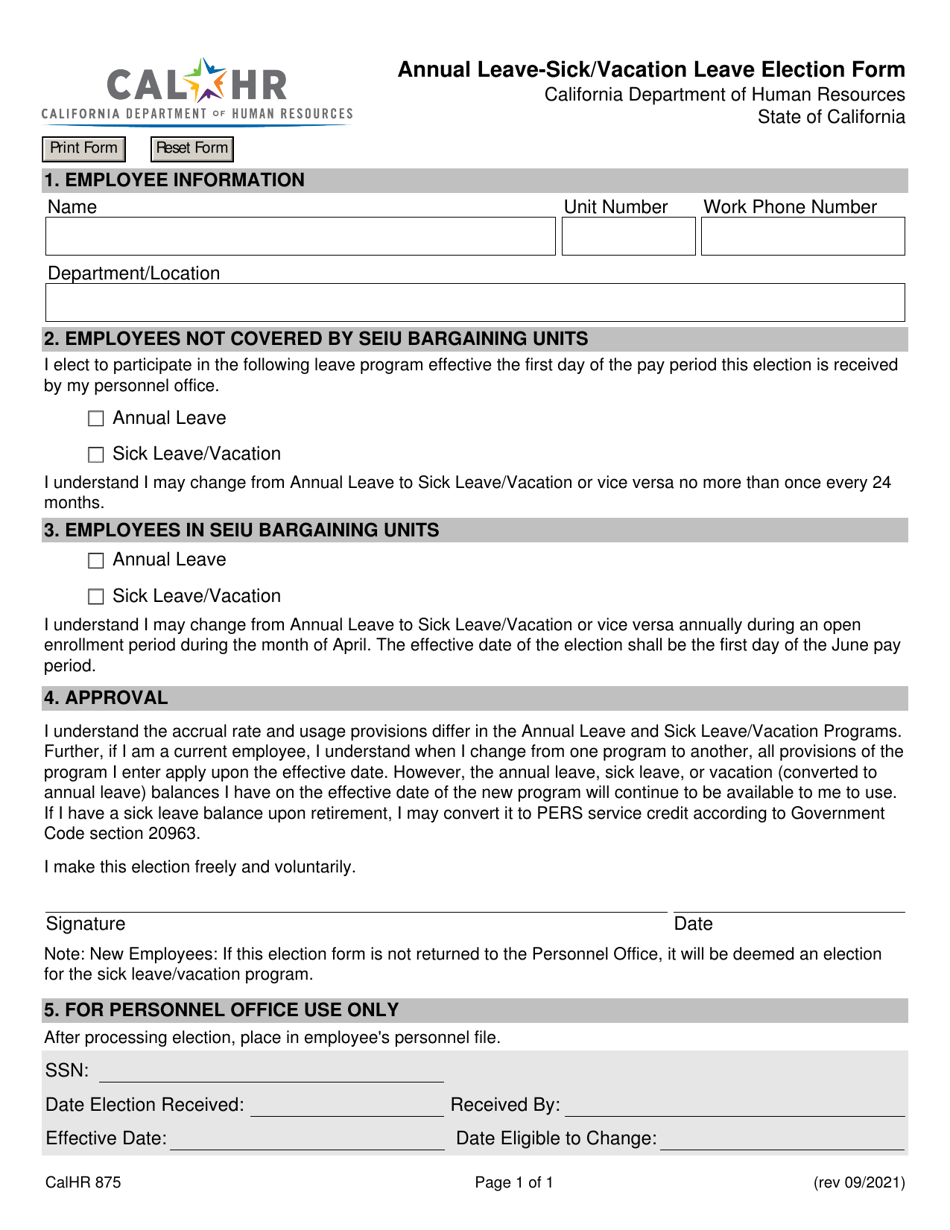 Form CALHR875 Annual Leave-Sick / Vacation Leave Election Form - California, Page 1
