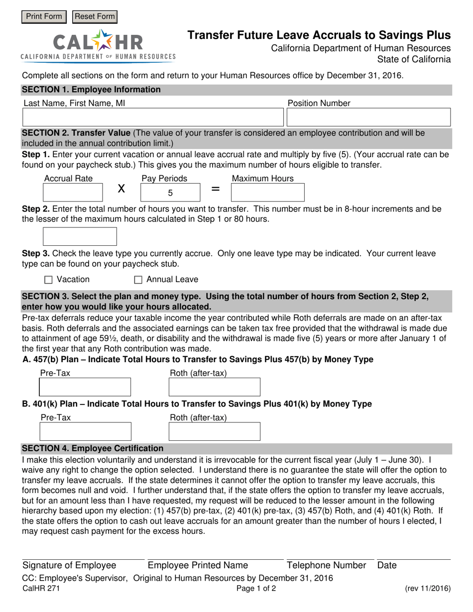 Form CALHR271 Transfer Future Leave Accruals to Savings Plus - California, Page 1