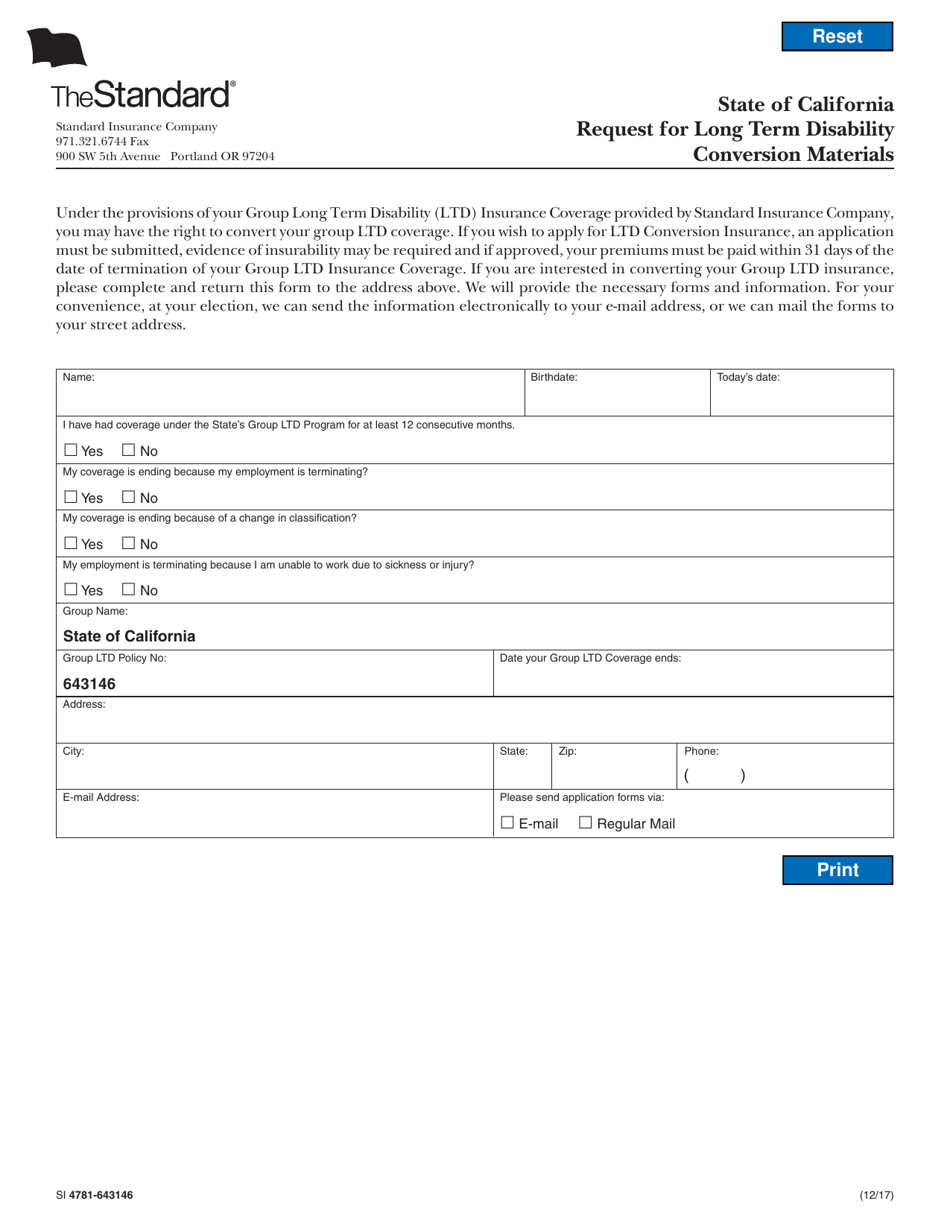 Form SI4781-643146 Request for Long Term Disability Conversion Materials - California, Page 1