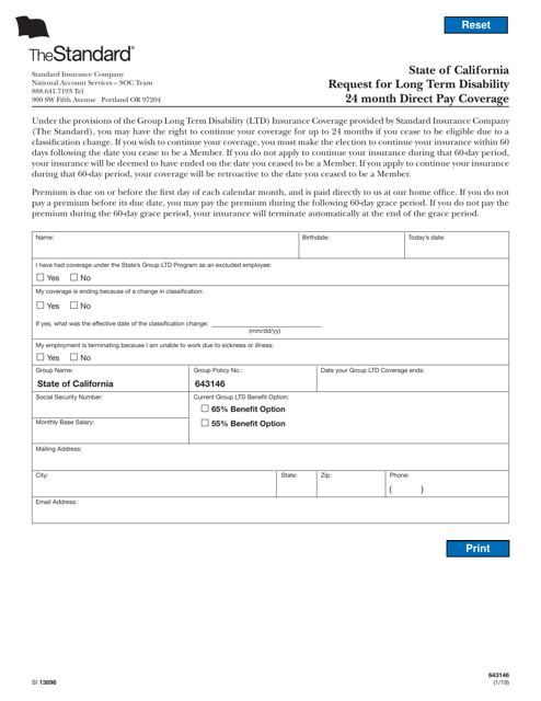 Form SI13898 Request for Long Term Disability 24 Month Direct Pay Coverage - California