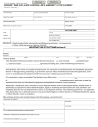 Form STD435 &quot;Request for Duplicate Controller's Warrant/Stop Payment&quot; - California (English/Spanish)