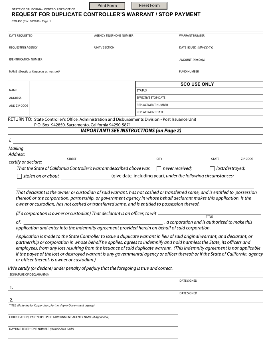 Form STD435 Request for Duplicate Controllers Warrant / Stop Payment - California (English / Spanish), Page 1