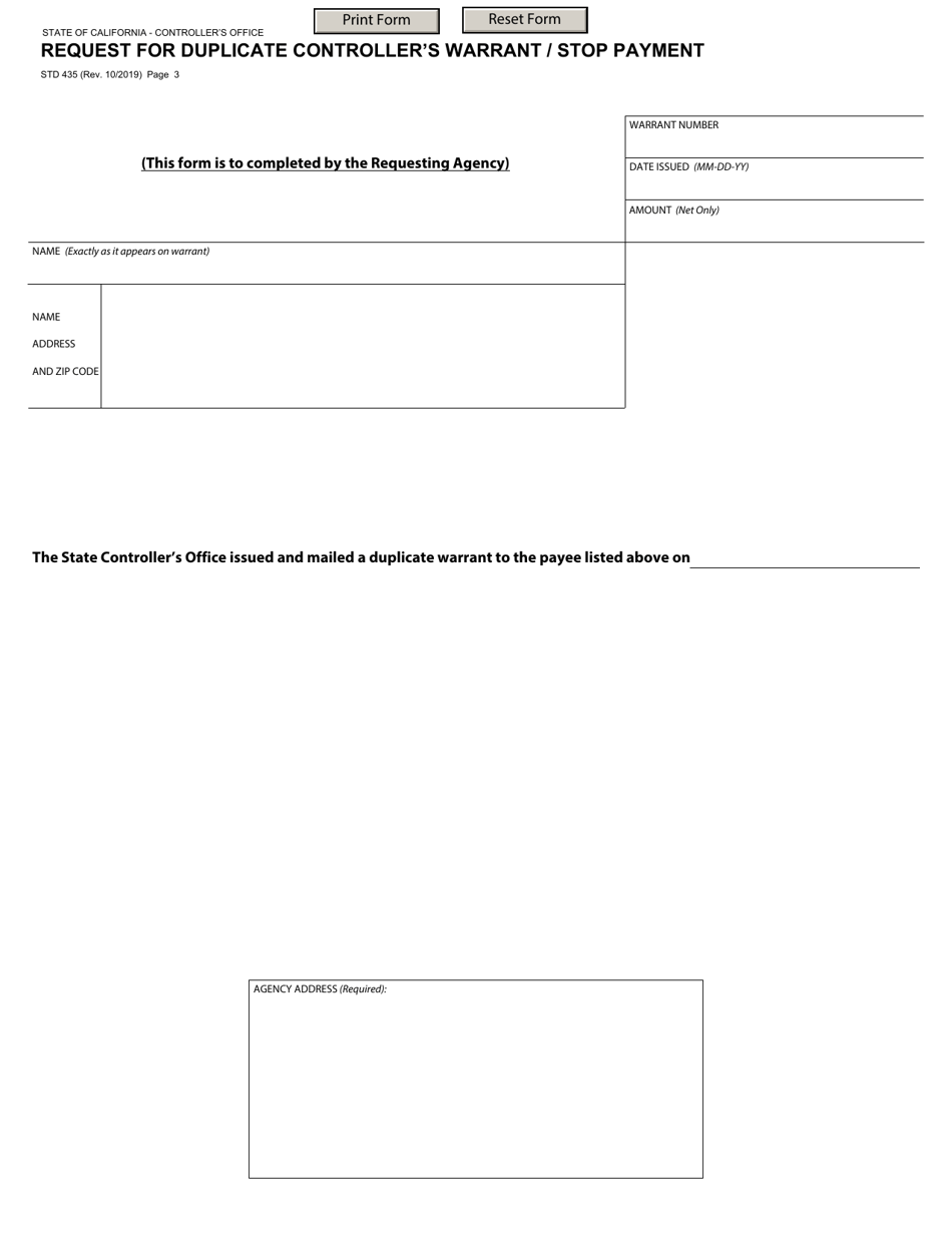 Form STD435 Request for Duplicate Controllers Warrant / Stop Payment - California (English / Spanish), Page 3