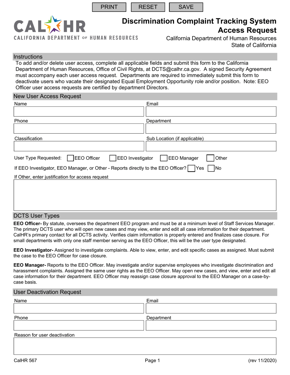 Form CALHR567 Discrimination Complaint Tracking System Access Request - California, Page 1