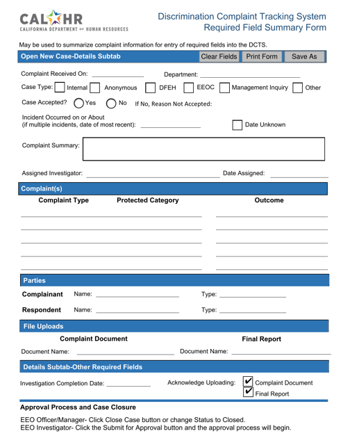 Discrimination Complaint Tracking System Required Field Summary Form - California Download Pdf