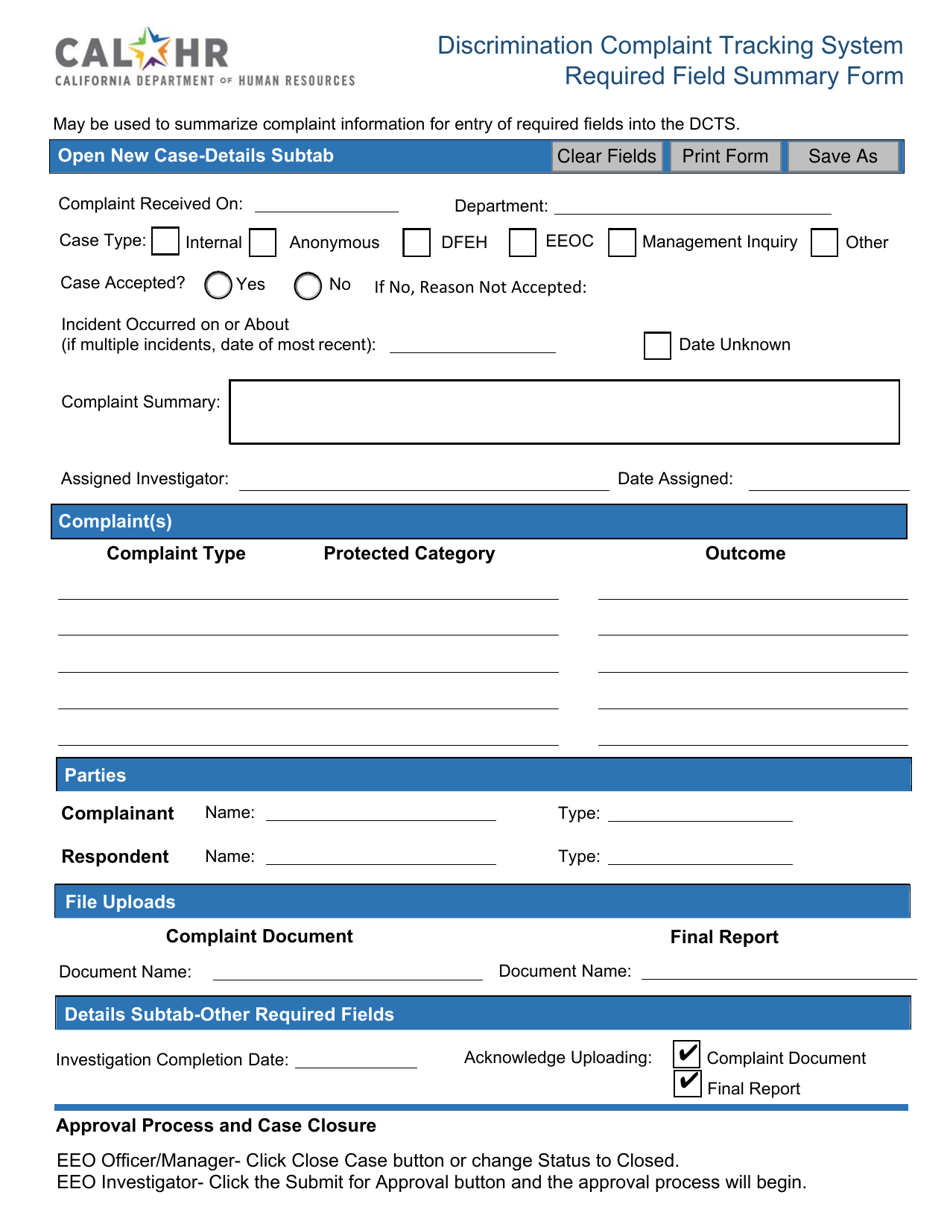 California Discrimination Complaint Tracking System Required Field ...