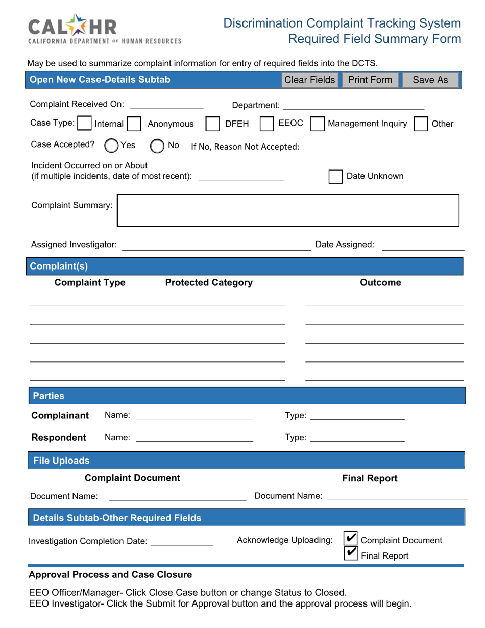 Discrimination Complaint Tracking System Required Field Summary Form - California, Page 1