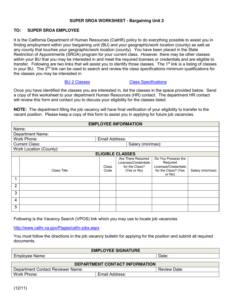 Super Sroa Worksheet - Bargaining Unit 2 - California, Page 1
