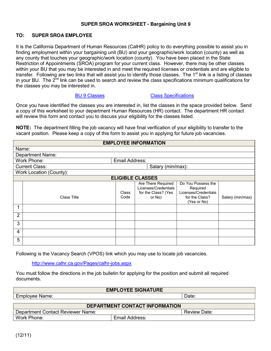 Super Sroa Worksheet - Bargaining Unit 9 - California, Page 1