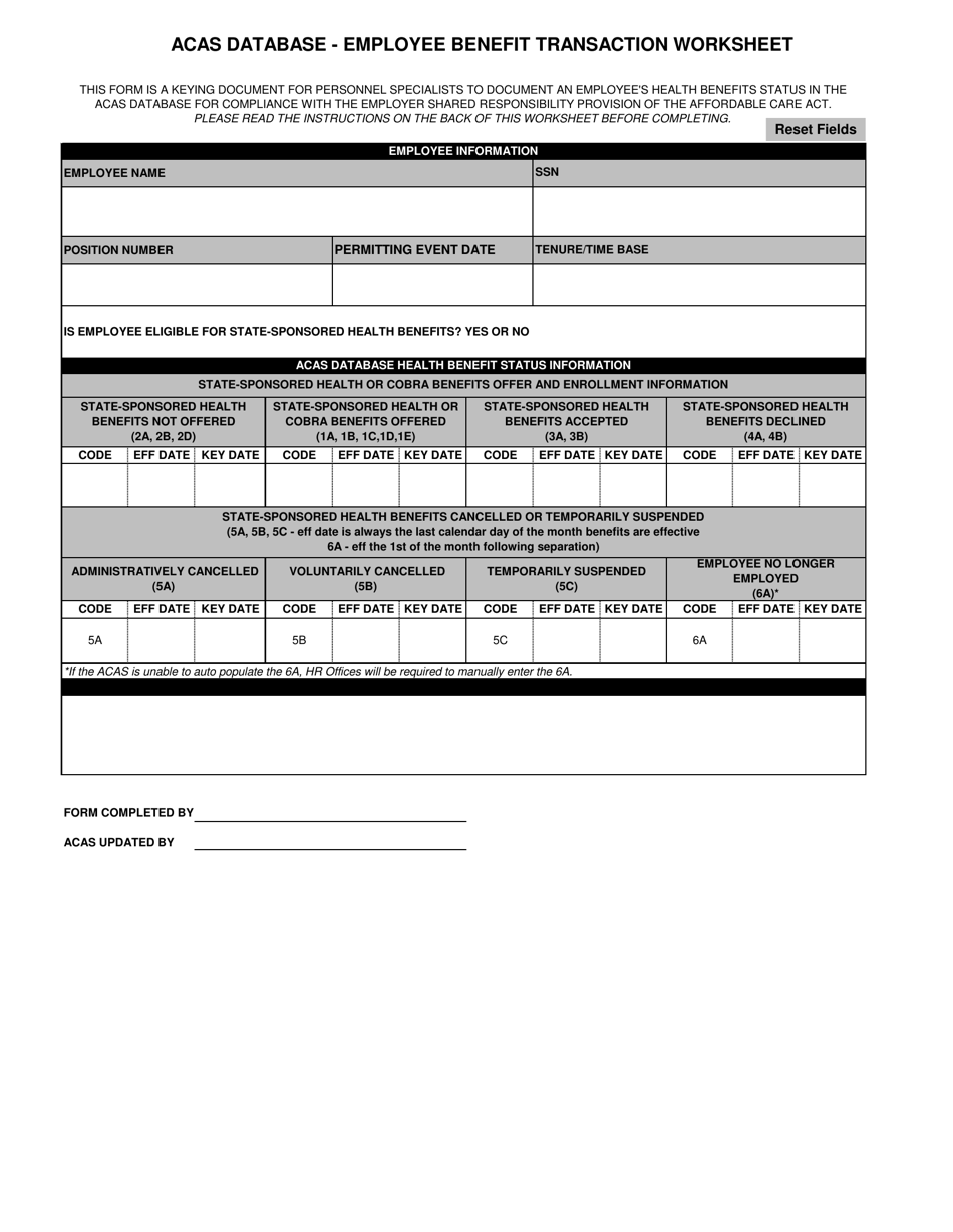 Acas Database - Employee Benefit Transaction Worksheet for an Individual Employee - California, Page 1