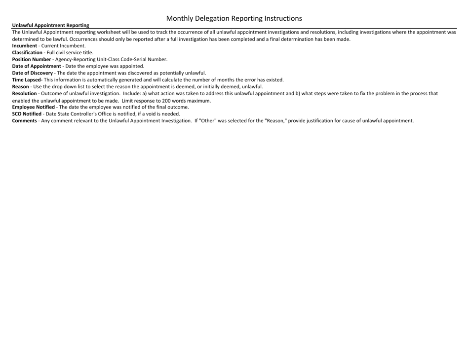 Monthly Unlawful Appointment Reporting Worksheet - California, Page 1