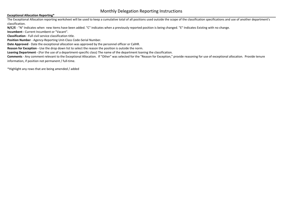 Monthly Exceptional Allocation Reporting Worksheet - California, Page 1