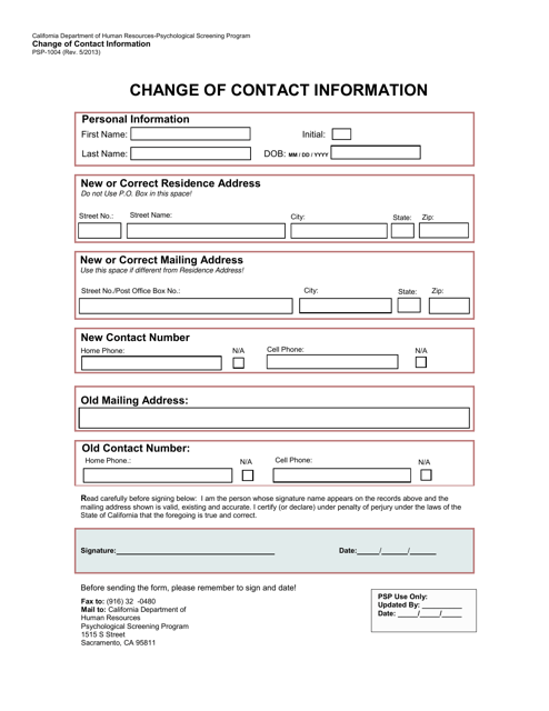 Form PSP-1004 Change of Contact Information - California