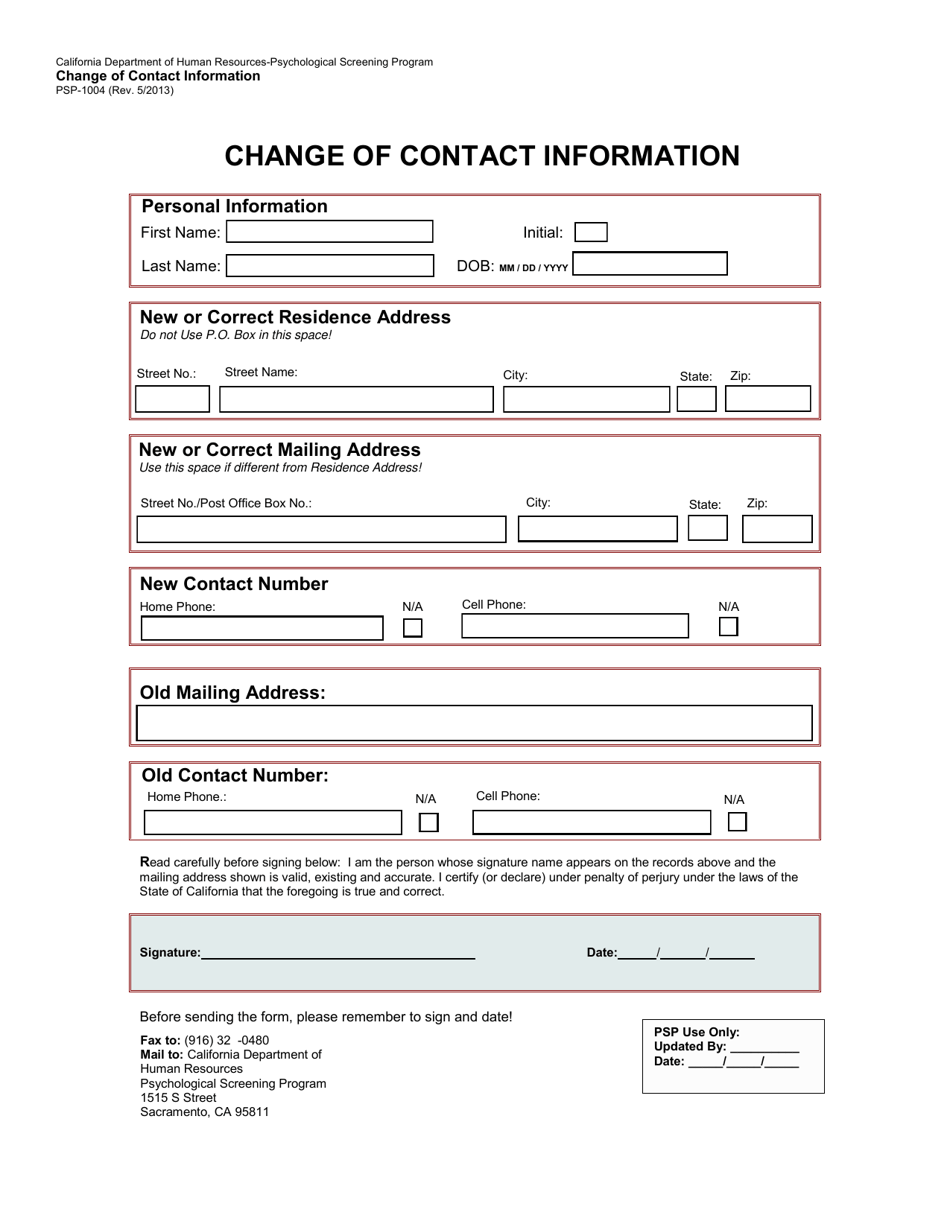 Form PSP-1004 Change of Contact Information - California, Page 1