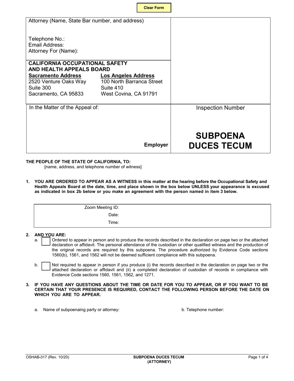 Form OSHAB-317 Subpoena Duces Tecum - California, Page 1
