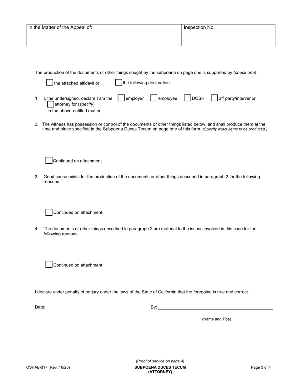 Form OSHAB-317 Subpoena Duces Tecum - California, Page 3