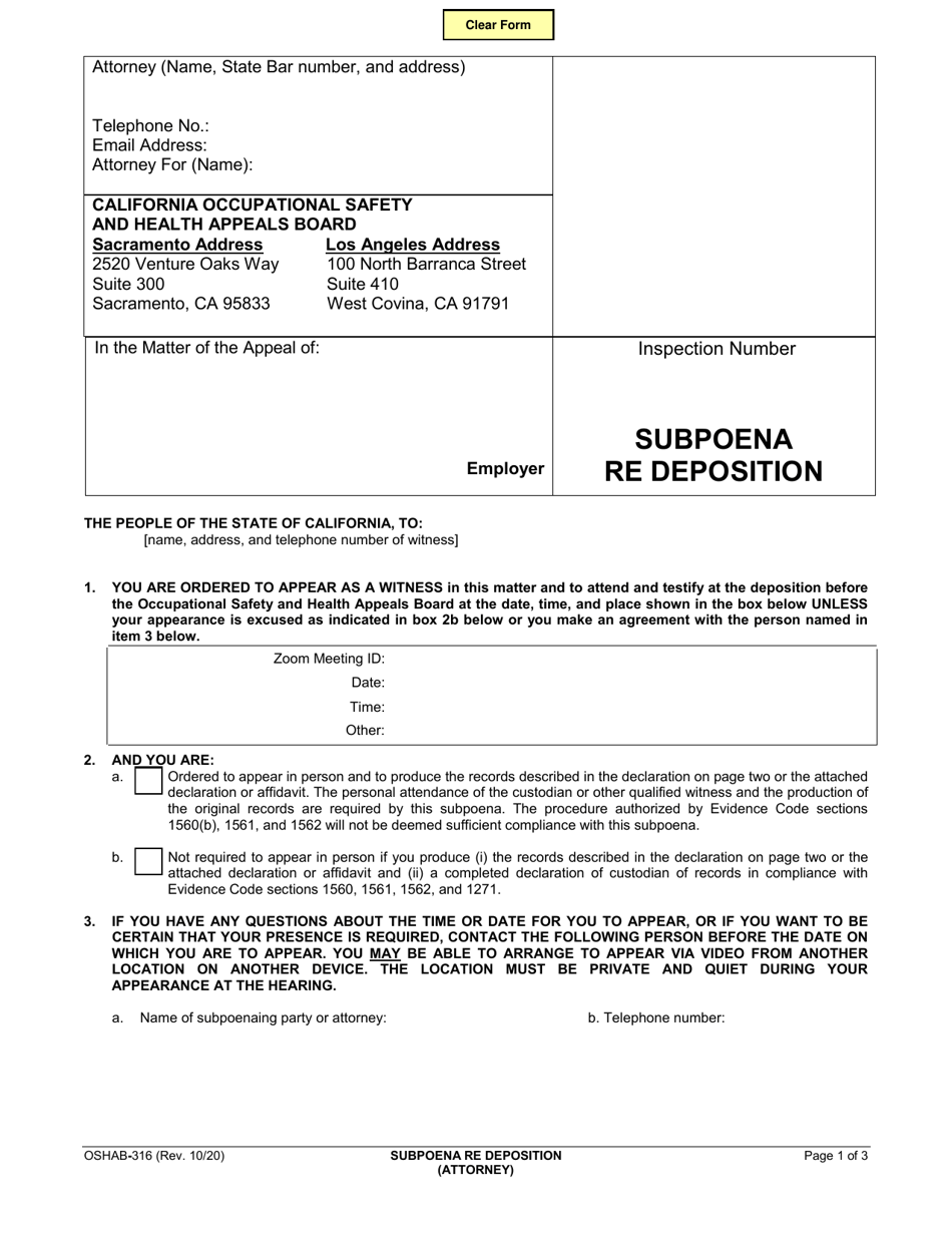 Form OSHAB-316 Subpoena Re Deposition - California, Page 1