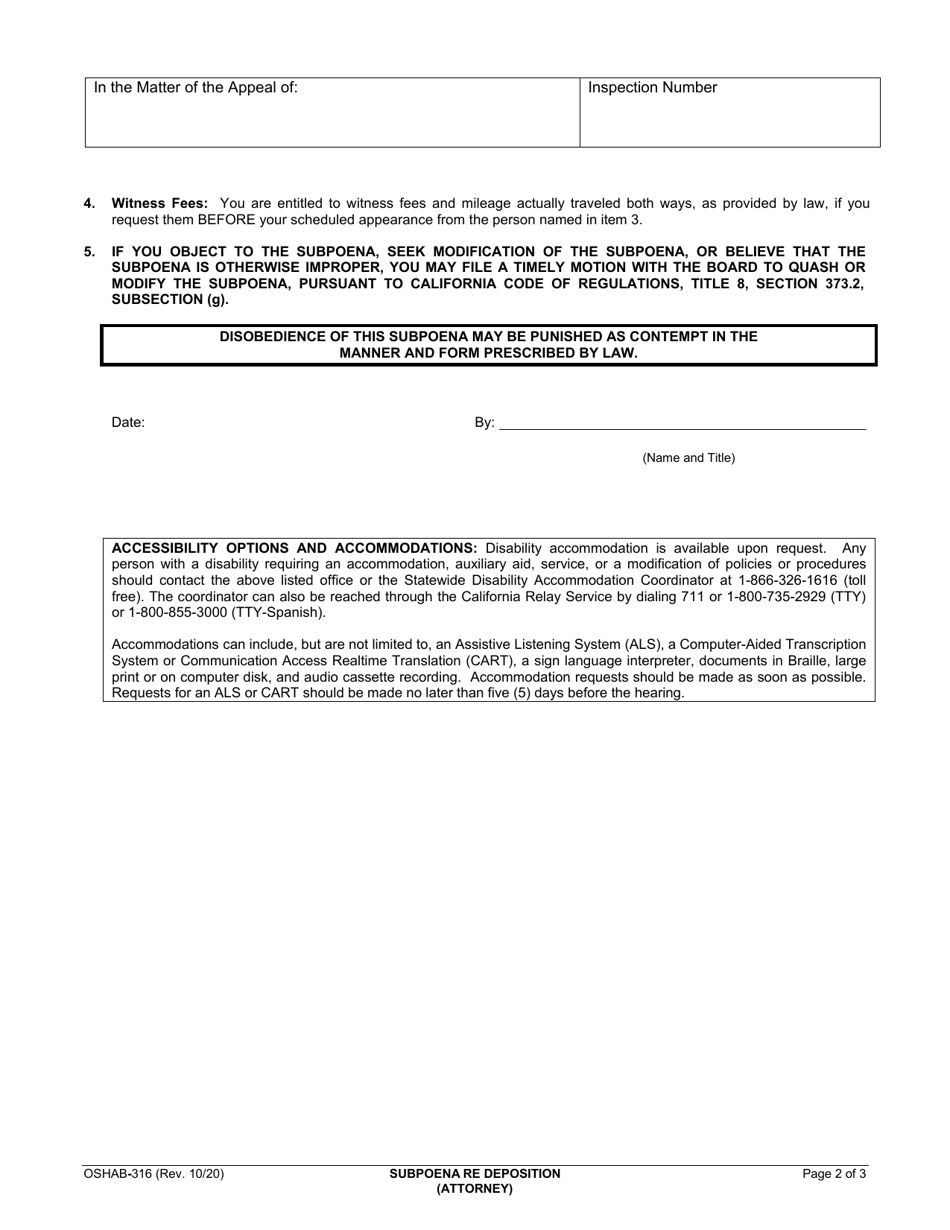 Form OSHAB-316 Subpoena Re Deposition - California, Page 2