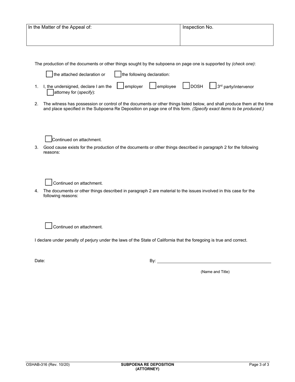 Form OSHAB-316 Subpoena Re Deposition - California, Page 3