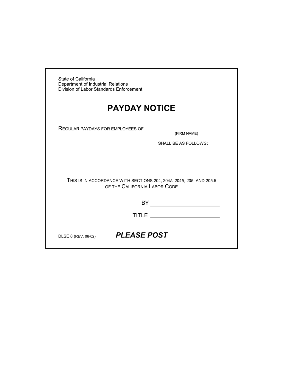 Form DLSE8 Payday Notice - California, Page 1